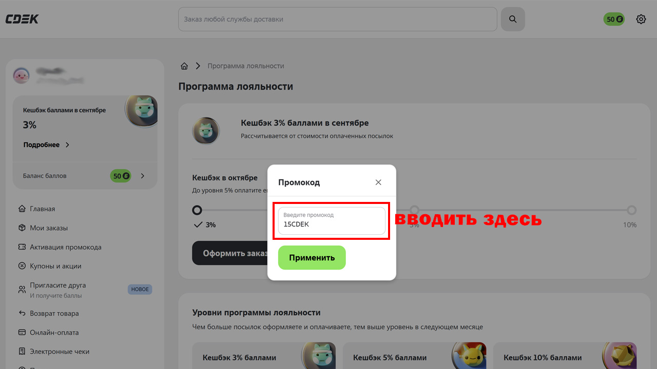 Страница оформления заказа СДЭК — поле ввода промокода