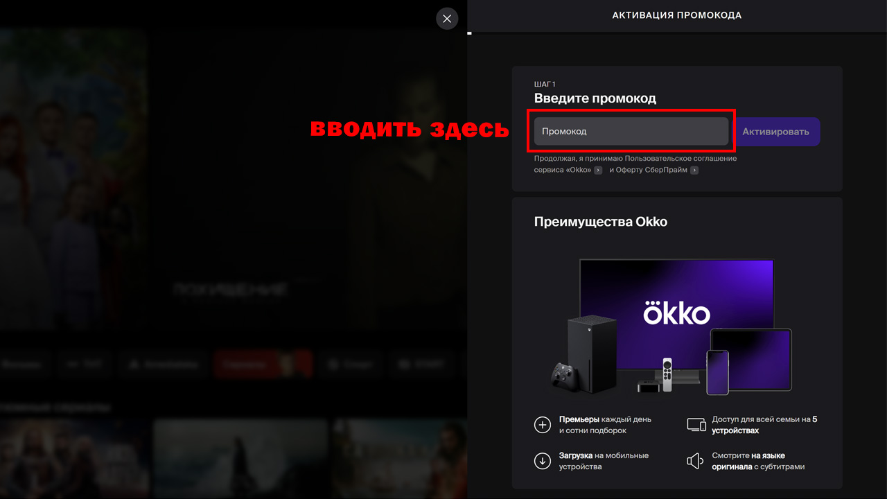 Страница оформления заказа Okko — поле ввода промокода