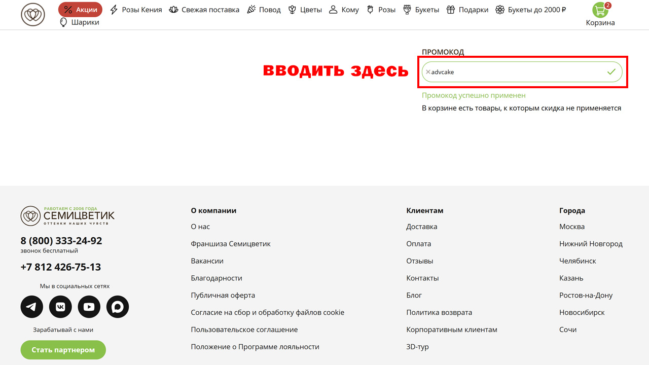 Страница оформления заказа Семицветик — поле ввода промокода