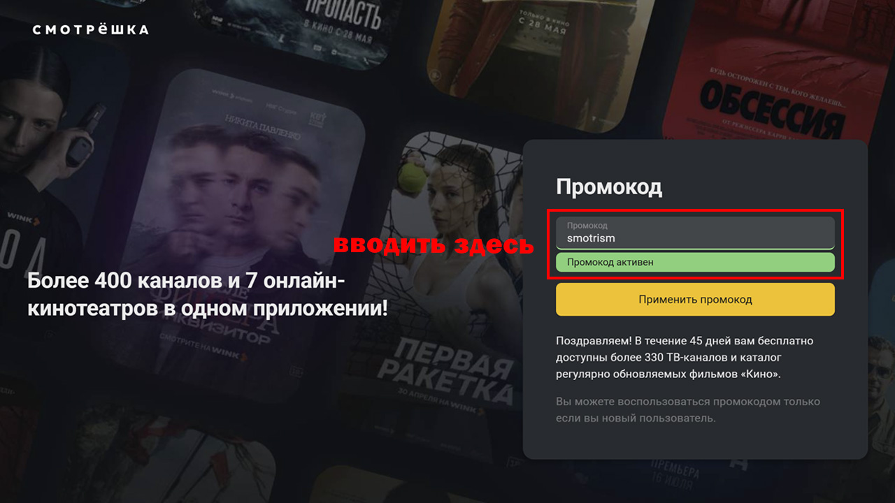 Страница оформления заказа Смотрёшка — поле ввода промокода