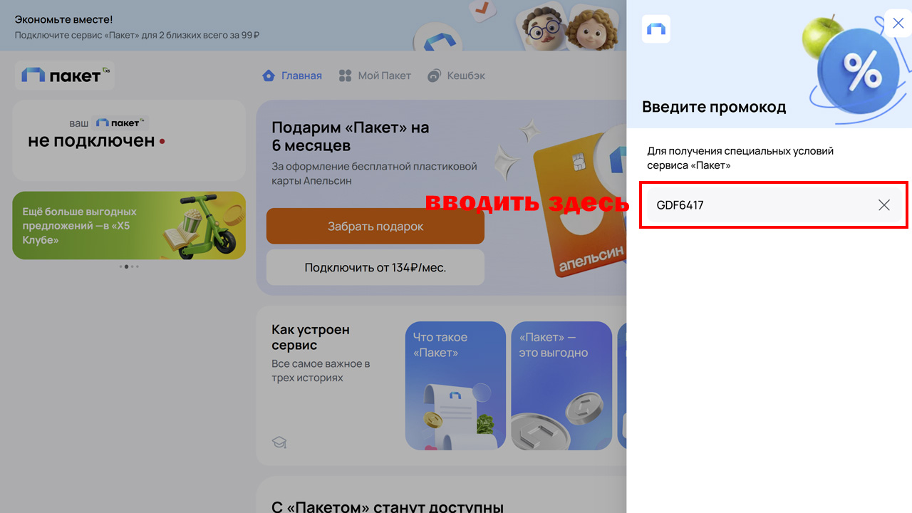 Страница оформления заказа Пакет X5 — поле ввода промокода